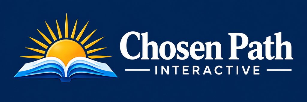 Chosen Path Interactive publishing logo with an open book and sun