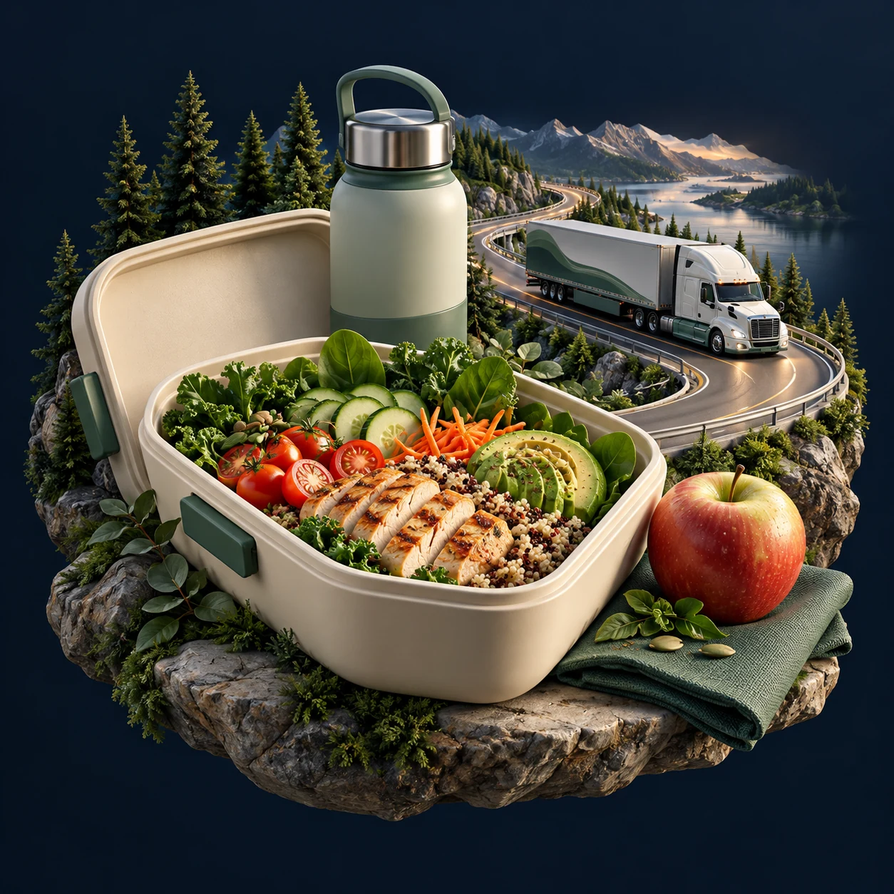 Healthy Road visual concept: a nutritious packed meal, water bottle, and truck on a mountain road