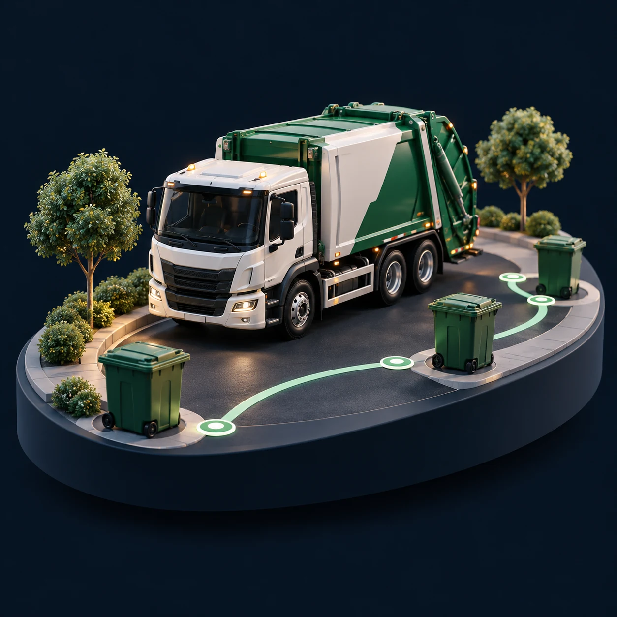 Waste Commander visual concept: a waste collection truck, curbside bins, and an illustrated route